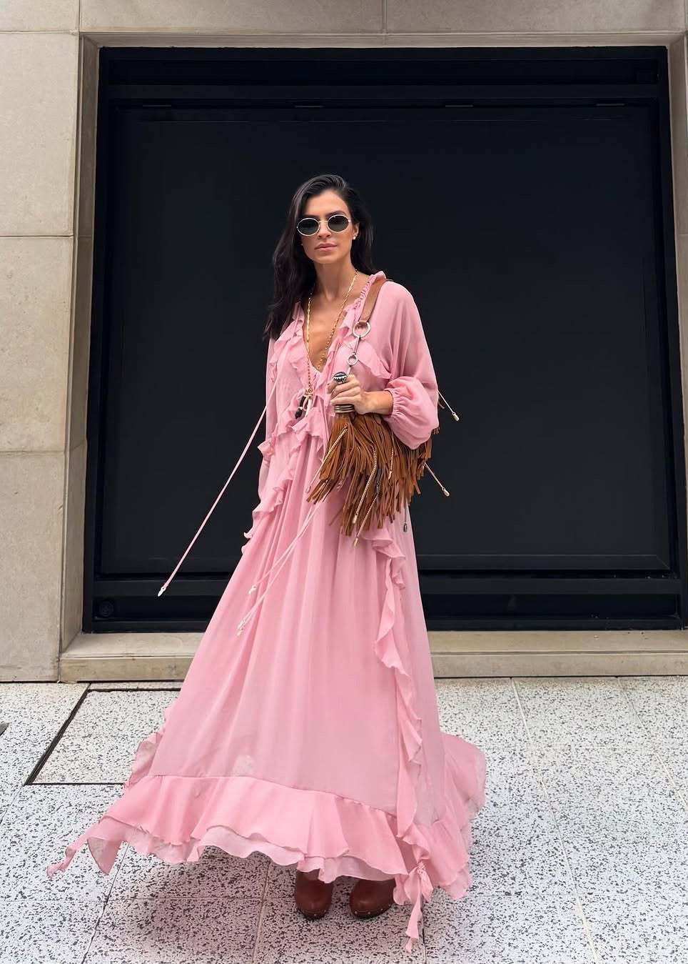 Pink Ruffle Chiffon Maxi Dress for Women – V-Neck Long Sleeve Flowy Evening Dress
