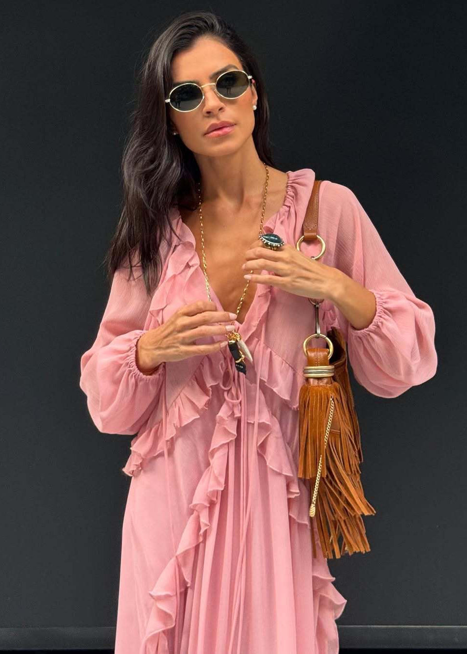 Pink Ruffle Chiffon Maxi Dress for Women – V-Neck Long Sleeve Flowy Evening Dress
