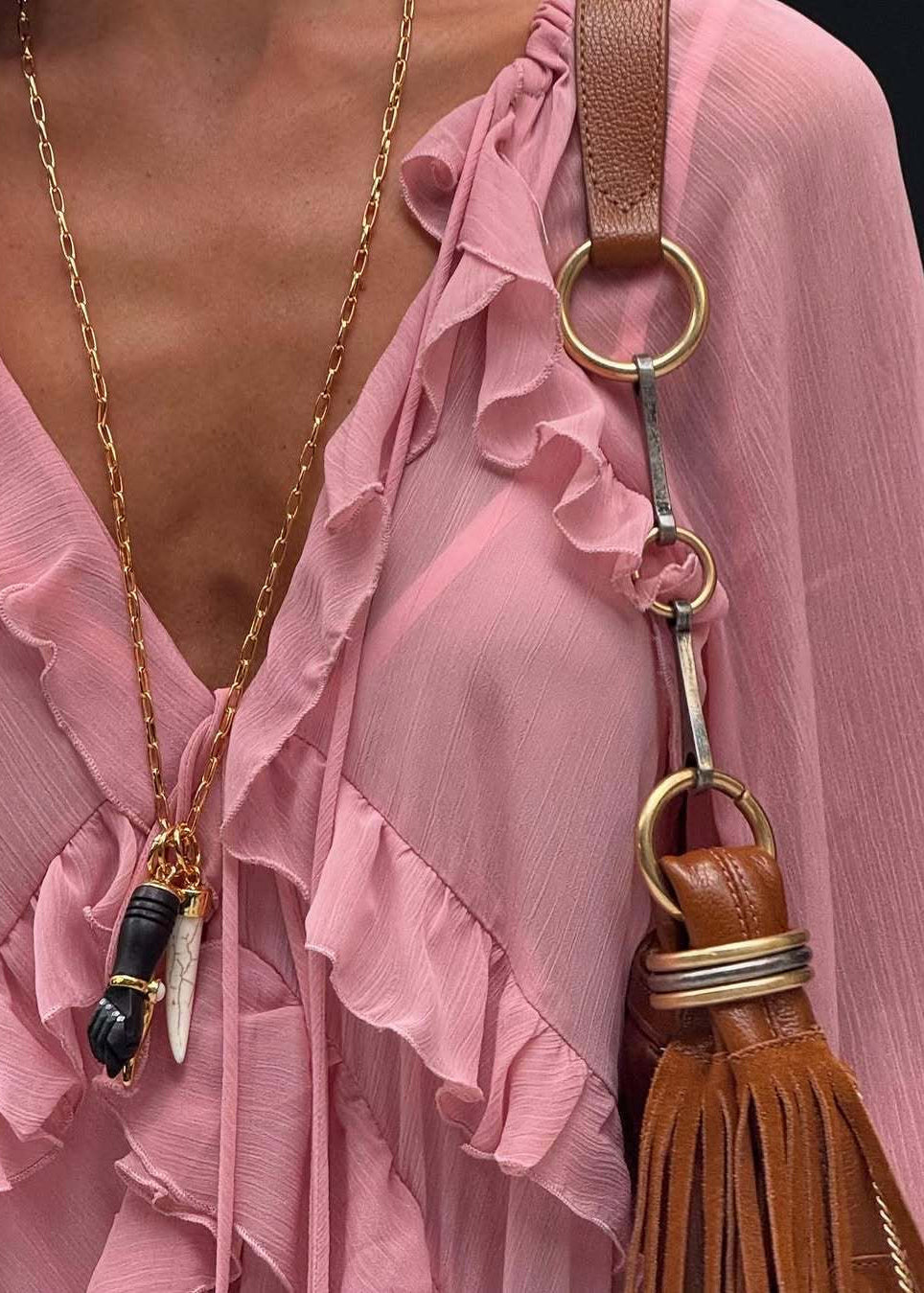 Pink Ruffle Chiffon Maxi Dress for Women – V-Neck Long Sleeve Flowy Evening Dress