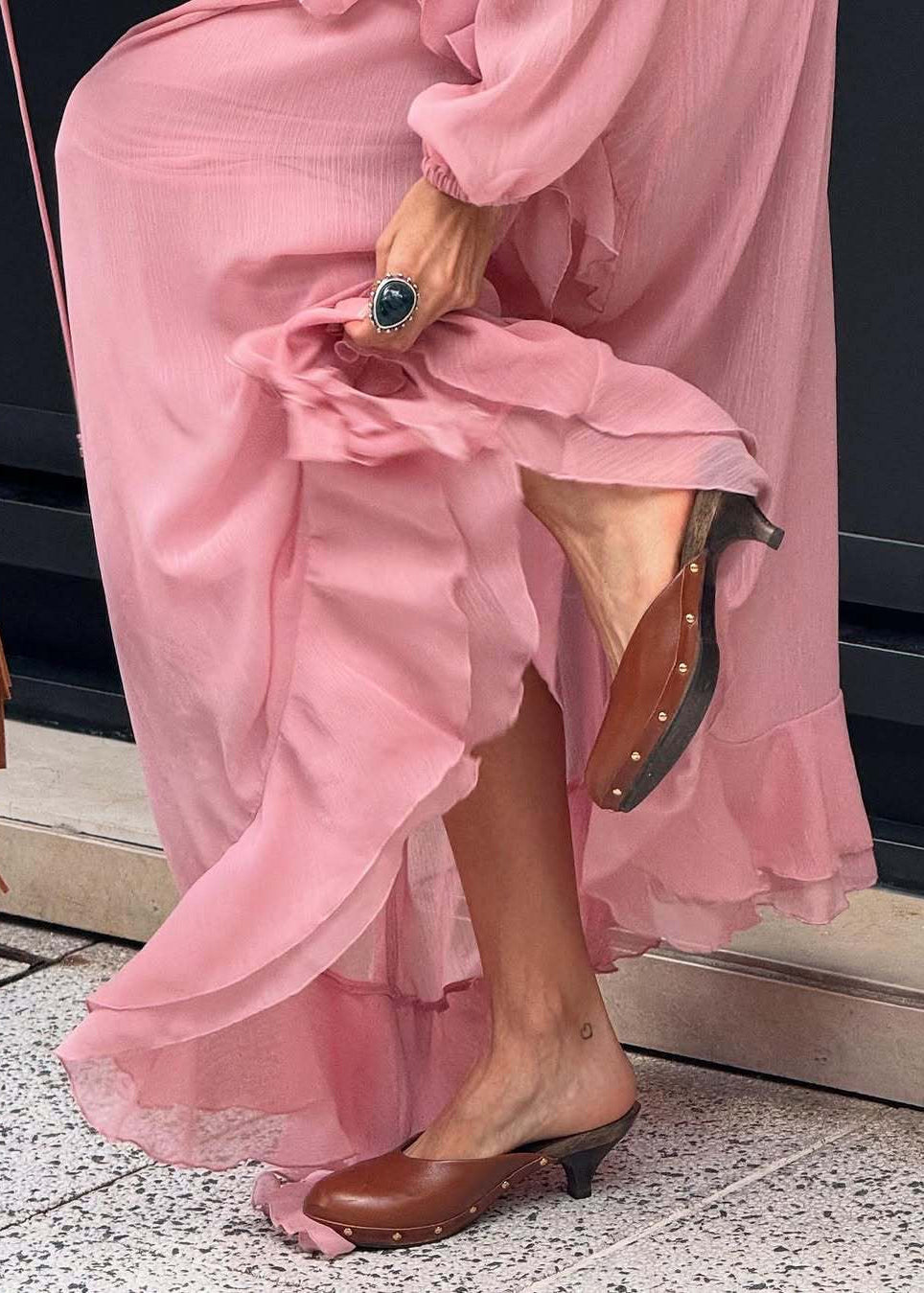 Pink Ruffle Chiffon Maxi Dress for Women – V-Neck Long Sleeve Flowy Evening Dress