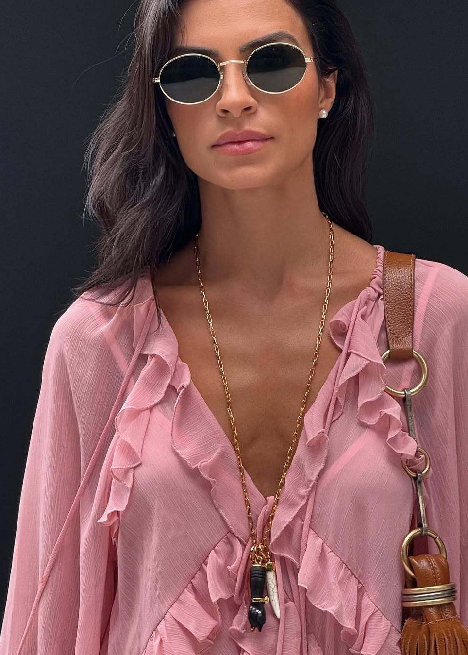 Pink Ruffle Chiffon Maxi Dress for Women – V-Neck Long Sleeve Flowy Evening Dress