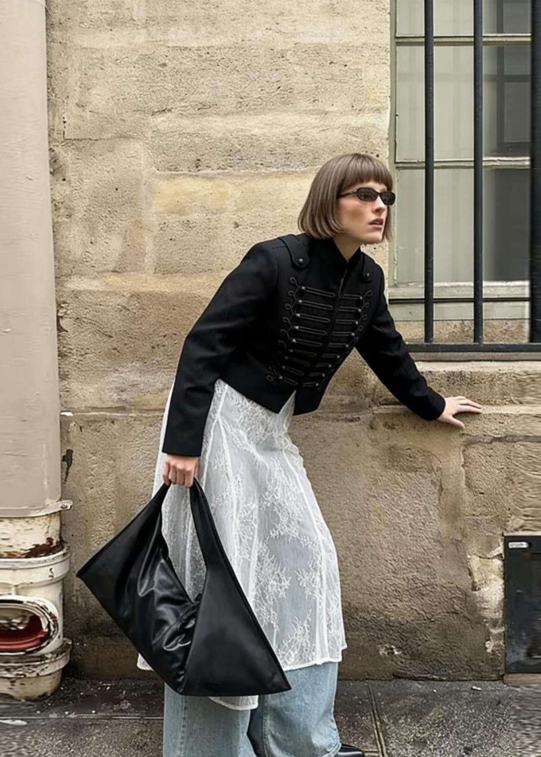 Women’s Cropped Military Jacket – Structured Black Statement Blazer Coat