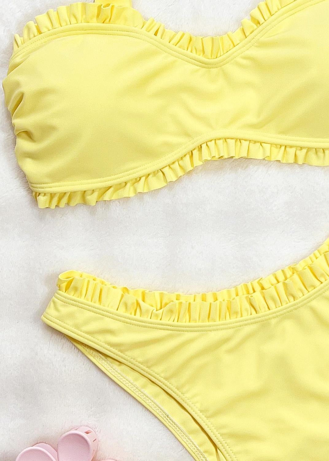 Yellow Ruffle Bikini Set – Strap Shoulder Two Piece Swimsuit