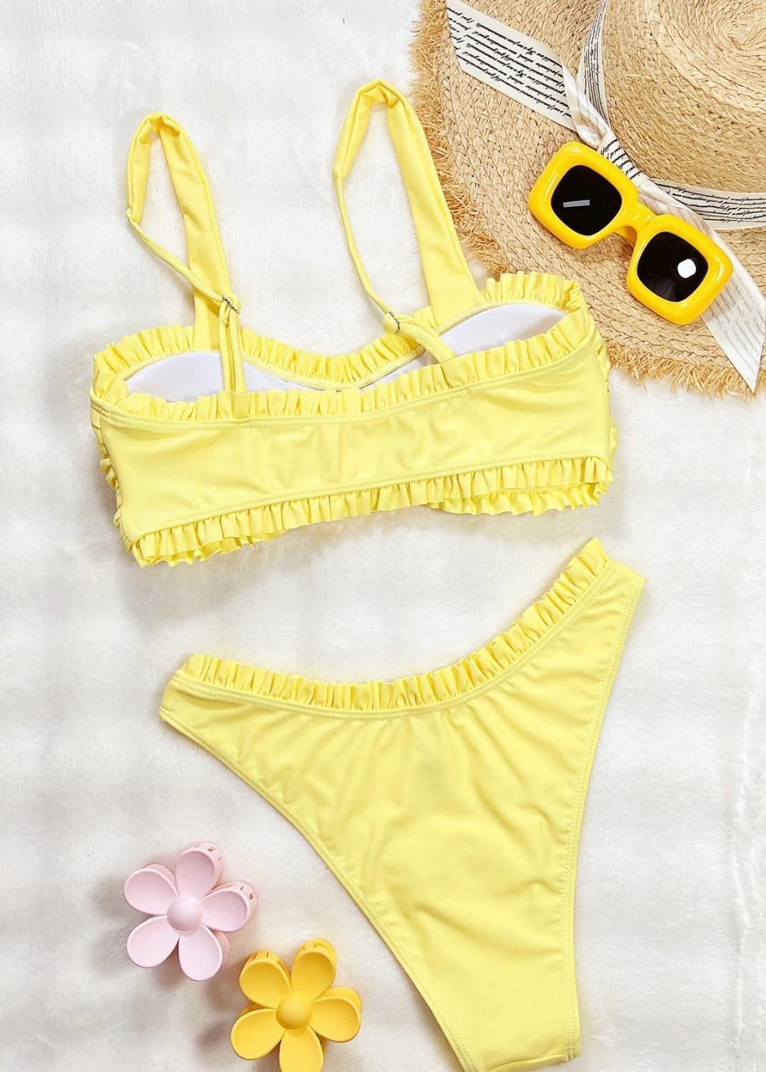 Yellow Ruffle Bikini Set – Strap Shoulder Two Piece Swimsuit