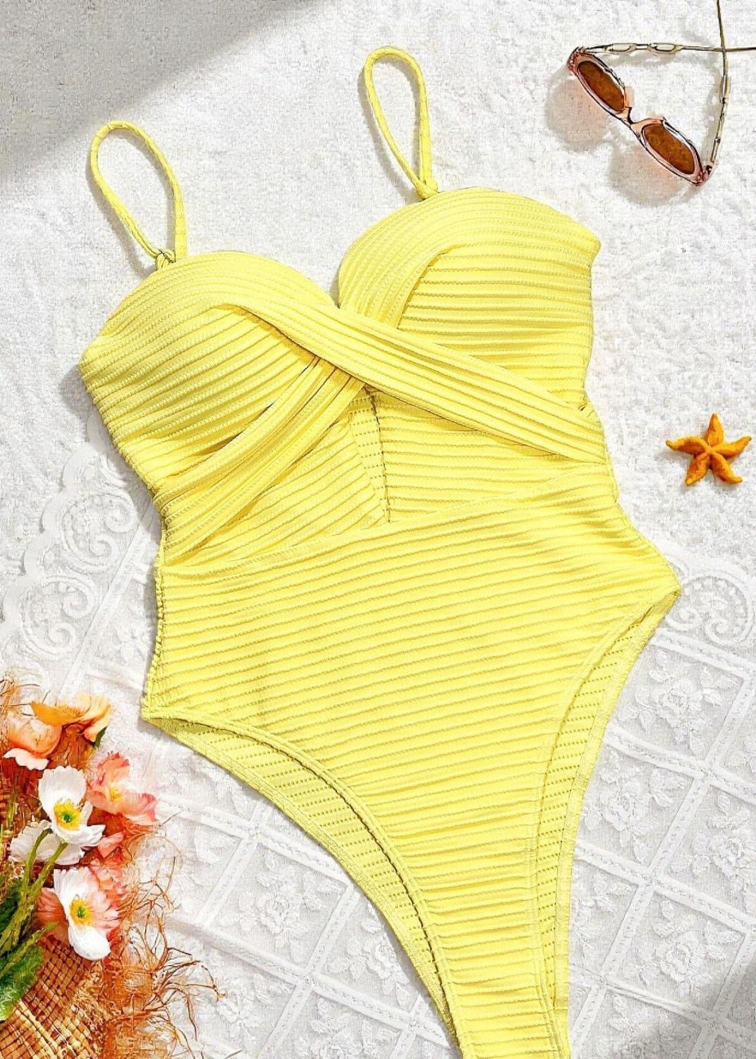 Yellow Ribbed One Piece Swimsuit – Cutout Push Up Monokini
