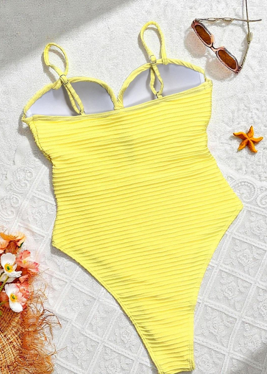 Yellow Ribbed One Piece Swimsuit – Cutout Push Up Monokini