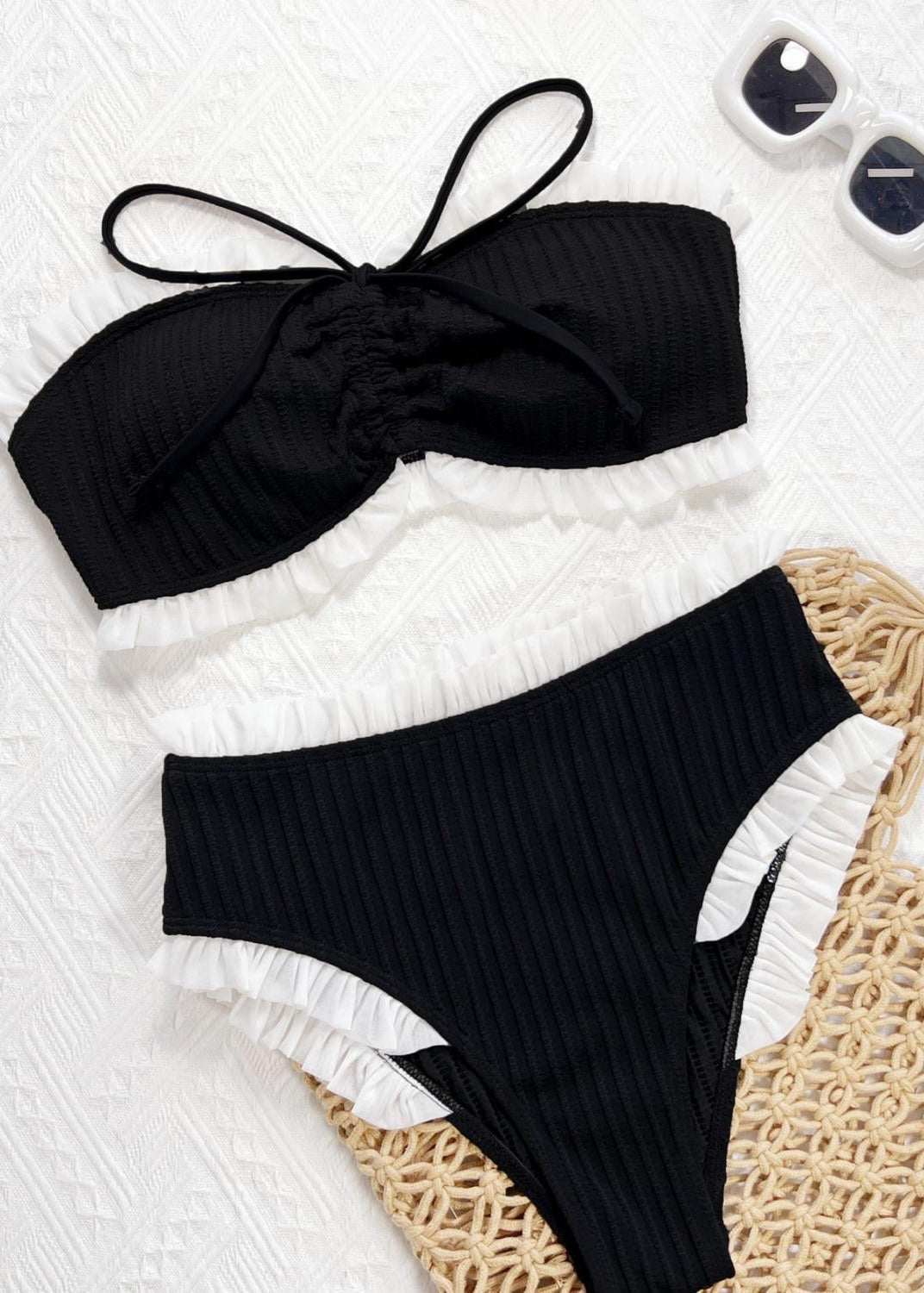 Black Ruffle Trim Bikini Set – Strapless Two Piece Swimsuit
