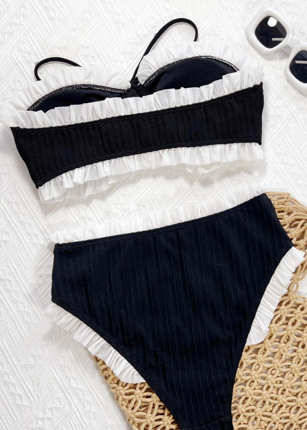 Black Ruffle Trim Bikini Set – Strapless Two Piece Swimsuit