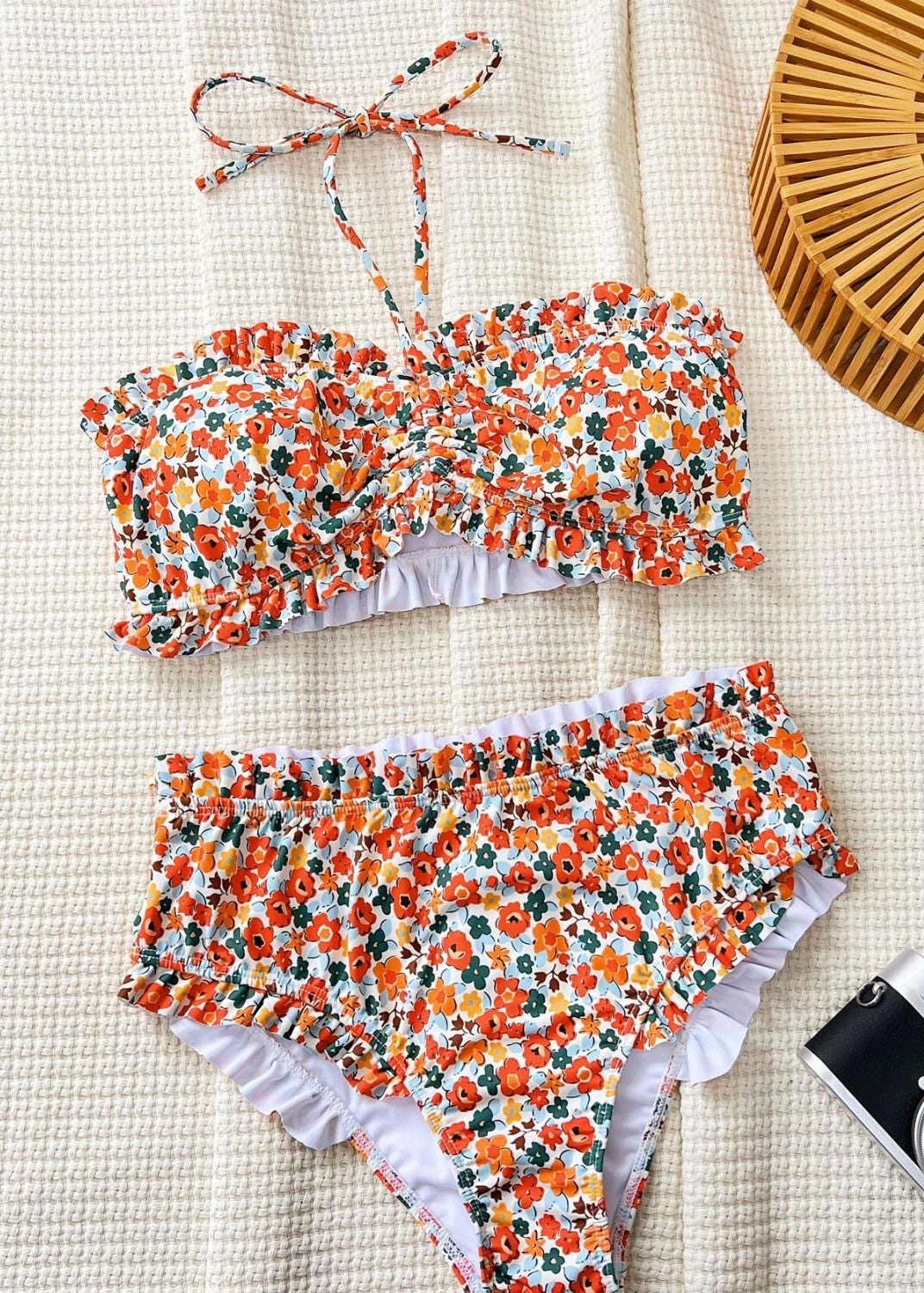 Floral Ruffle Bikini Set – Strapless Ruched Bandeau Swimsuit