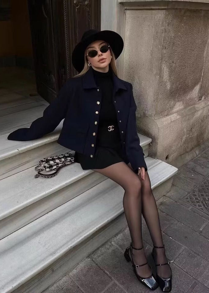 Women’s Cropped Button Front Jacket – Structured Short Fall Coat with Gold Buttons