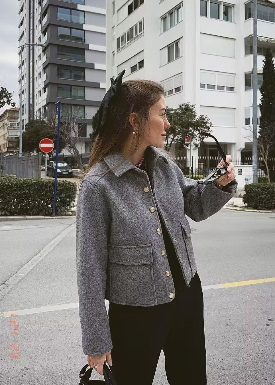 Women’s Cropped Button Front Jacket – Structured Short Fall Coat with Gold Buttons