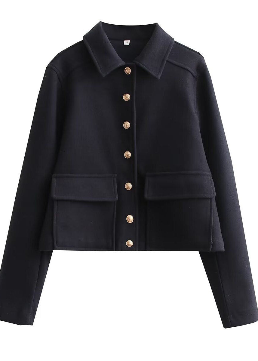 Women’s Cropped Button Front Jacket – Structured Short Fall Coat with Gold Buttons
