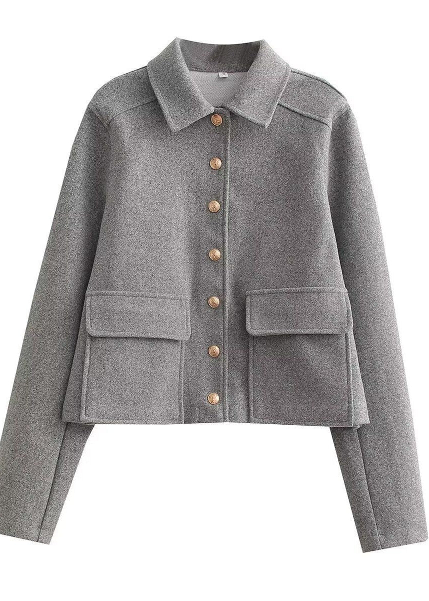 Women’s Cropped Button Front Jacket – Structured Short Fall Coat with Gold Buttons