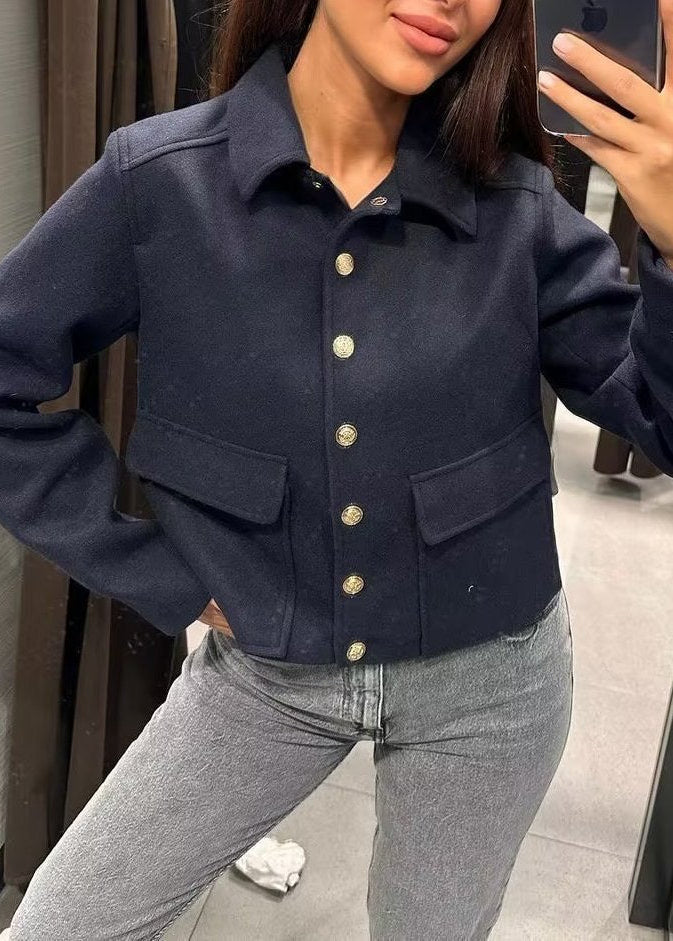 Women’s Cropped Button Front Jacket – Structured Short Fall Coat with Gold Buttons
