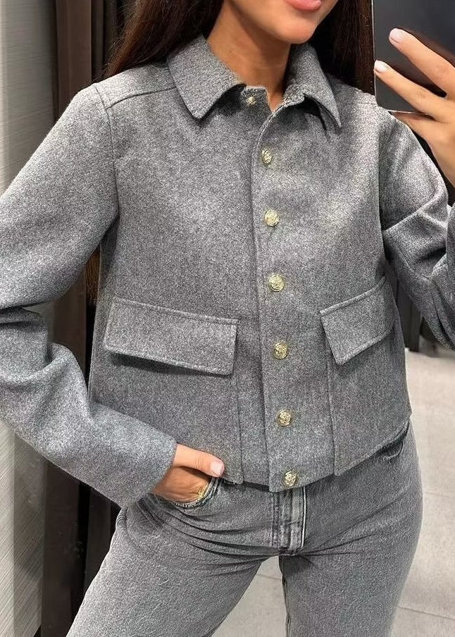 Women’s Cropped Button Front Jacket – Structured Short Fall Coat with Gold Buttons