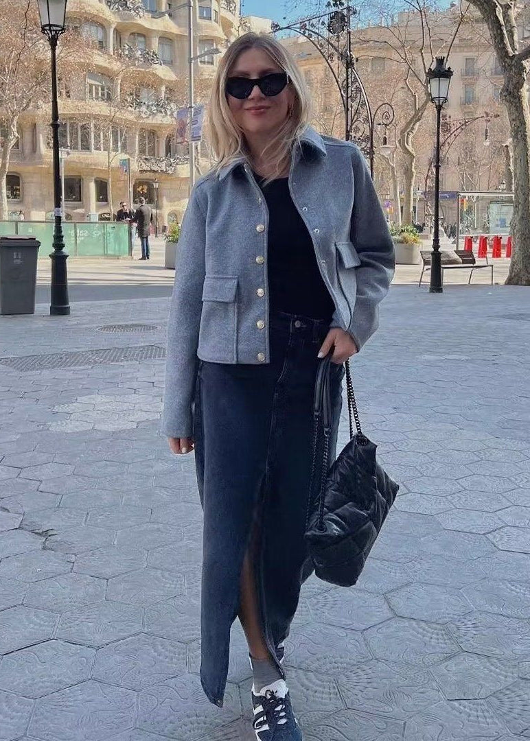 Women’s Cropped Button Front Jacket – Structured Short Fall Coat with Gold Buttons