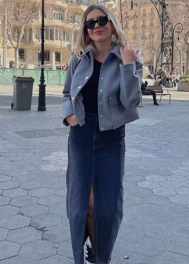 Women’s Cropped Button Front Jacket – Structured Short Fall Coat with Gold Buttons