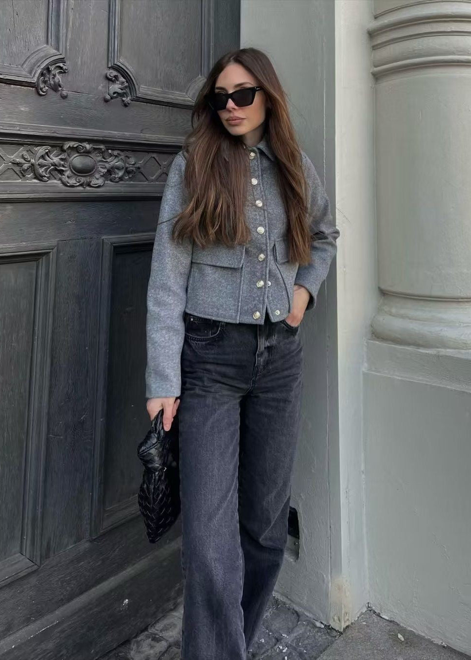 Women’s Cropped Button Front Jacket – Structured Short Fall Coat with Gold Buttons