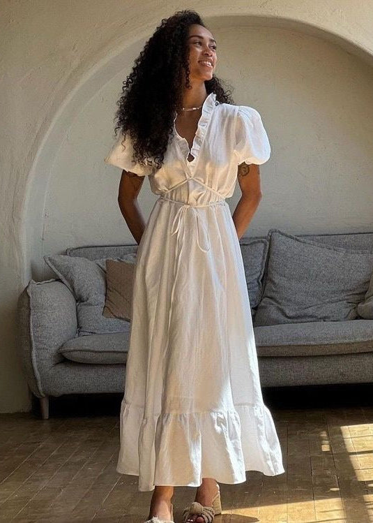 White Ruffle V-Neck Maxi Dress – Puff Sleeve Tie Waist Summer Dress