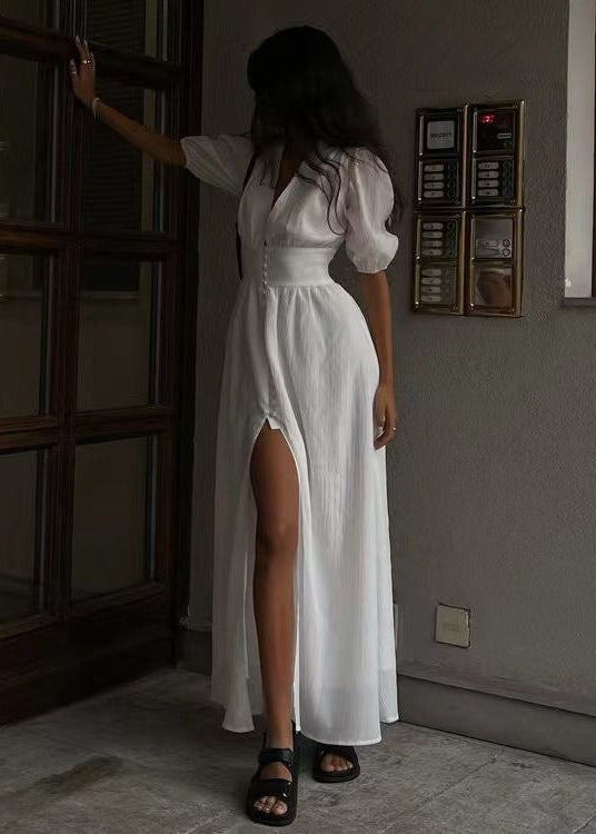 White V-Neck Maxi Dress – Puff Sleeve Button Front Summer Dress