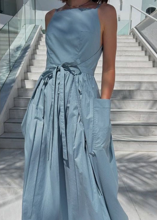 Skyline Tie-Waist Midi Dress – Sleeveless Pocket Summer Dress