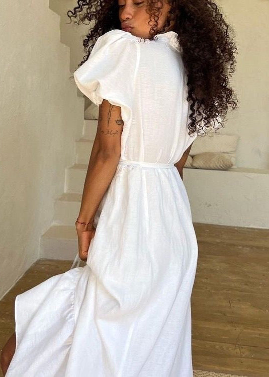 White Ruffle V-Neck Maxi Dress – Puff Sleeve Tie Waist Summer Dress