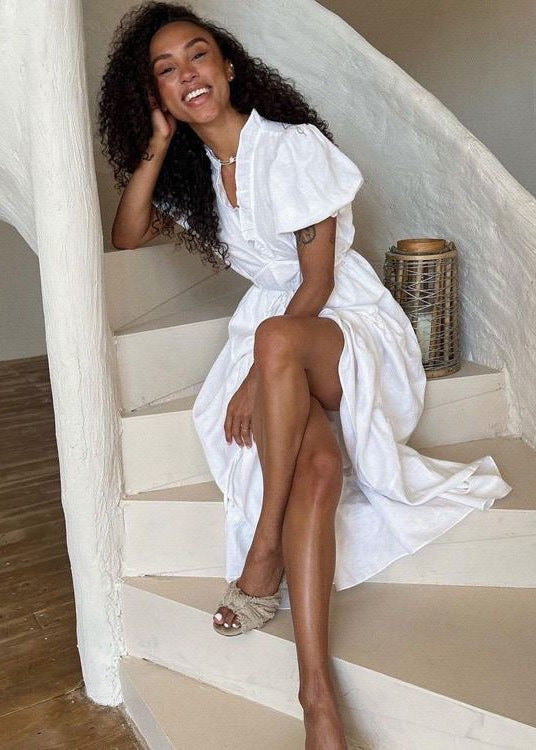 White Ruffle V-Neck Maxi Dress – Puff Sleeve Tie Waist Summer Dress