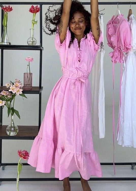 White Ruffle V-Neck Maxi Dress – Puff Sleeve Tie Waist Summer Dress