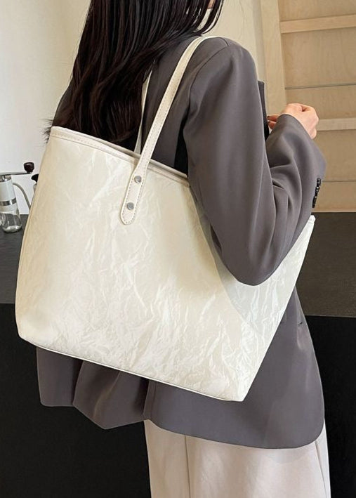 Butterfly Crest PU Shoulder Tote – Cream Textured Bag with Long Handles