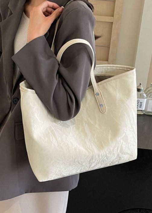 Butterfly Crest PU Shoulder Tote – Cream Textured Bag with Long Handles