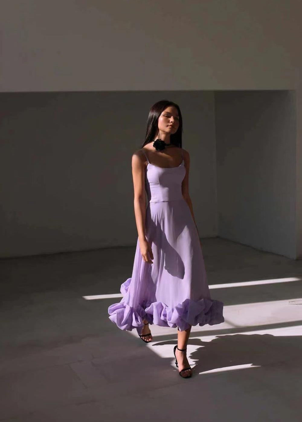 Serenity Ruffle Hem Midi Dress – Spaghetti Strap Fit & Flare Dress