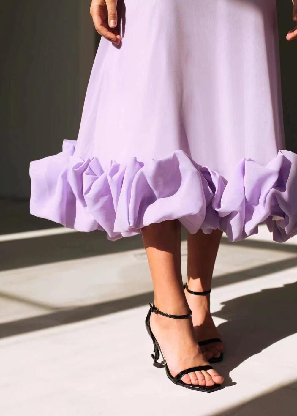 Serenity Ruffle Hem Midi Dress – Spaghetti Strap Fit & Flare Dress