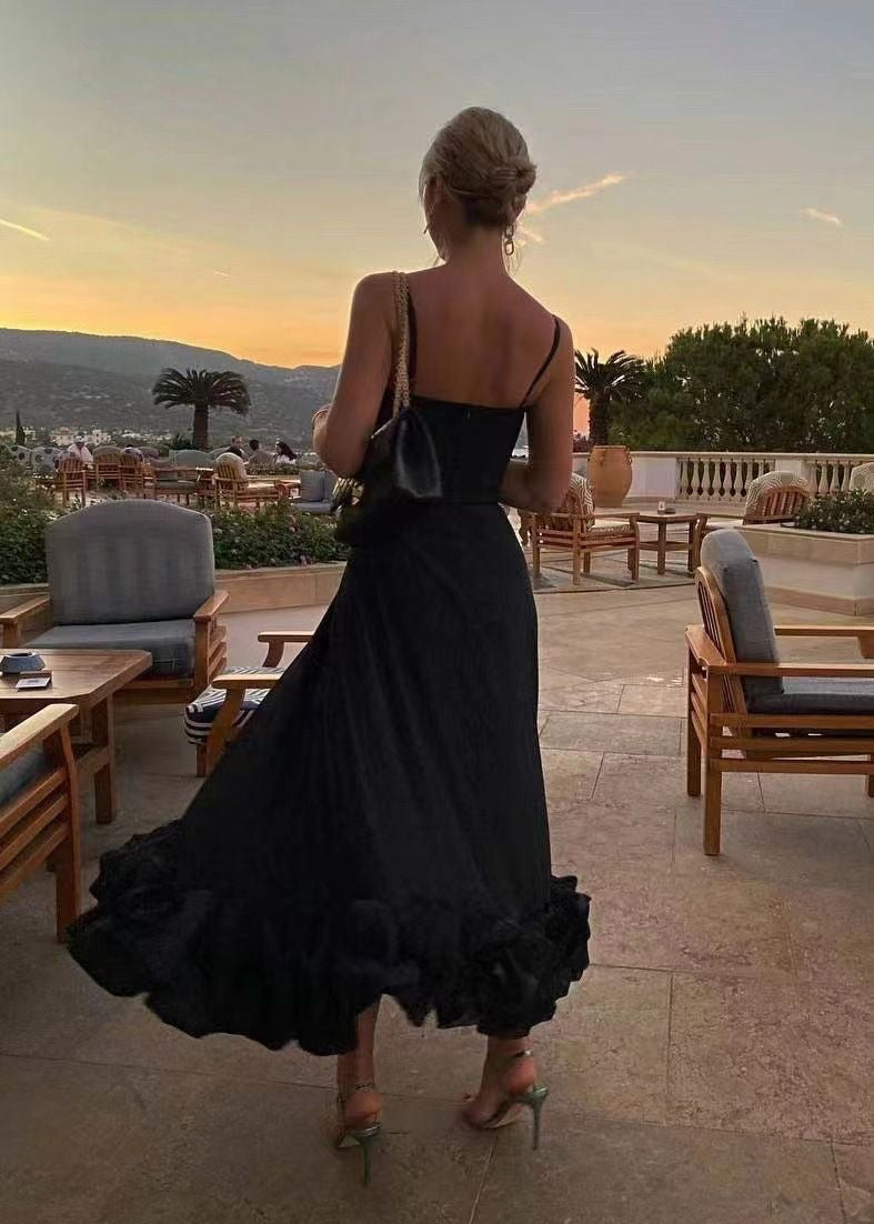 Serenity Ruffle Hem Midi Dress – Spaghetti Strap Fit & Flare Dress