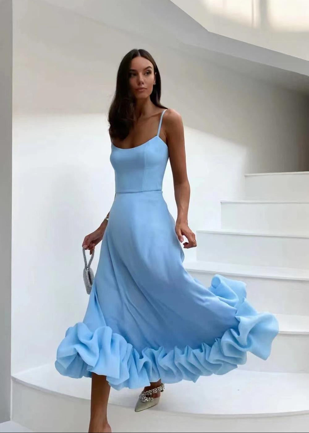 Serenity Ruffle Hem Midi Dress – Spaghetti Strap Fit & Flare Dress