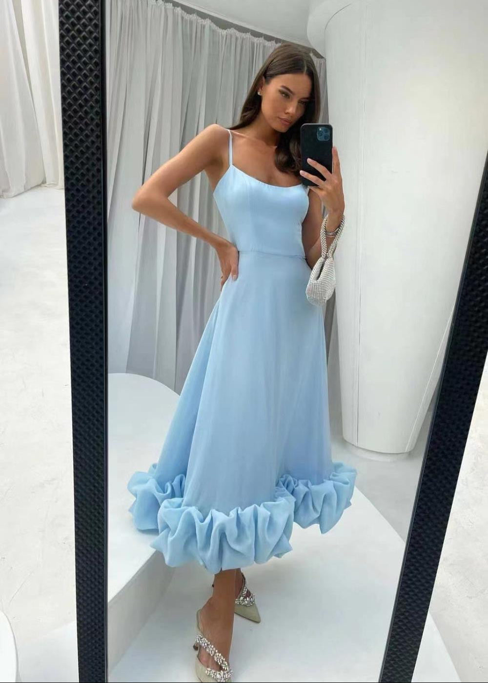 Serenity Ruffle Hem Midi Dress – Spaghetti Strap Fit & Flare Dress