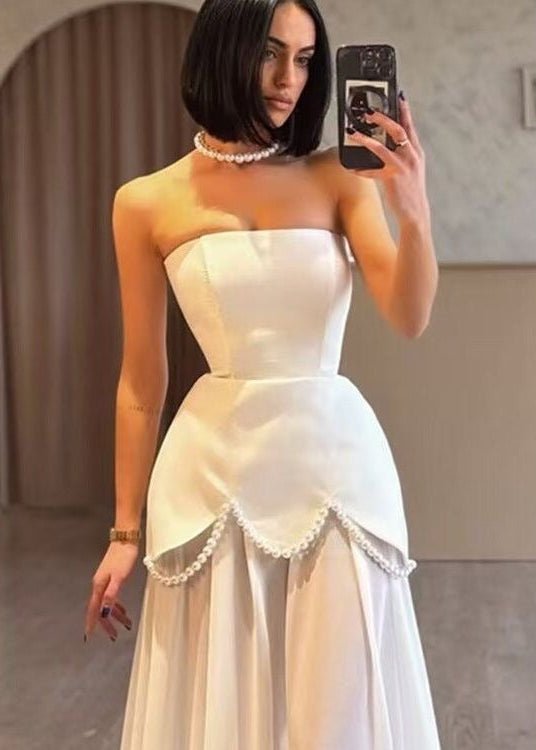 Aurelia Pearl Drape Maxi Dress – Strapless Corset Evening Gown with Scarf Detail