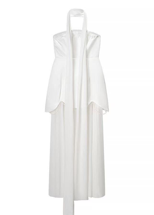 Aurelia Pearl Drape Maxi Dress – Strapless Corset Evening Gown with Scarf Detail