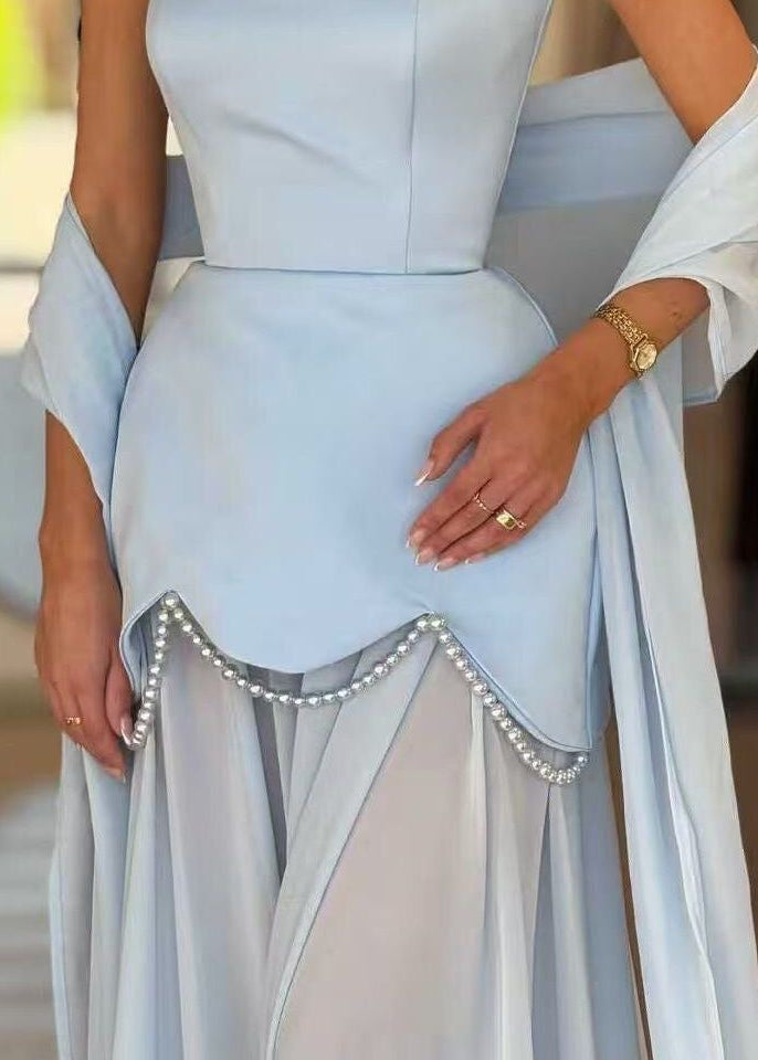 Aurelia Pearl Drape Maxi Dress – Strapless Corset Evening Gown with Scarf Detail