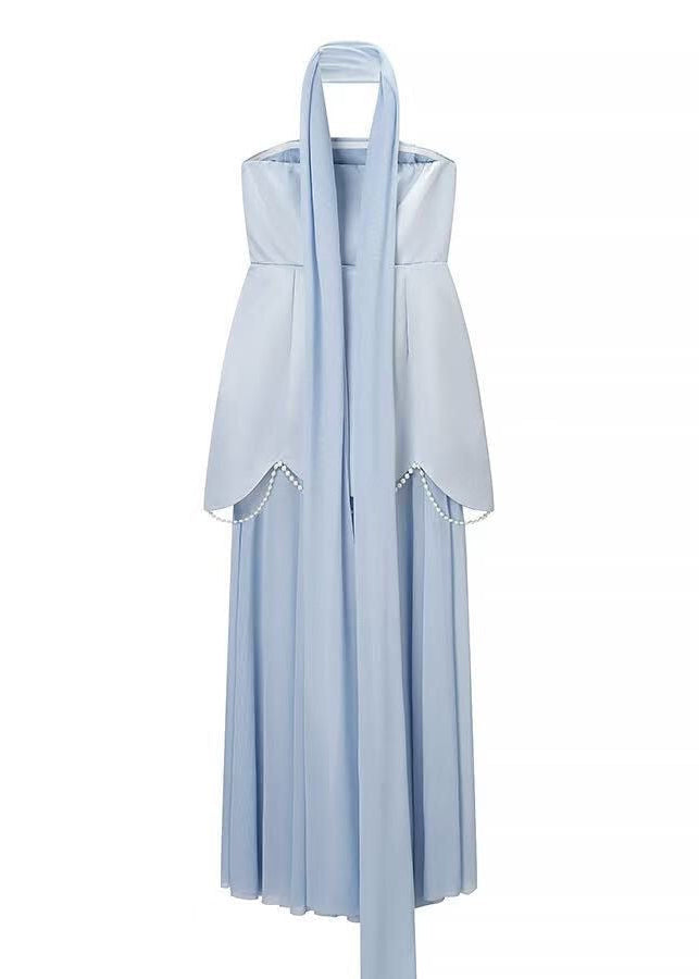 Aurelia Pearl Drape Maxi Dress – Strapless Corset Evening Gown with Scarf Detail