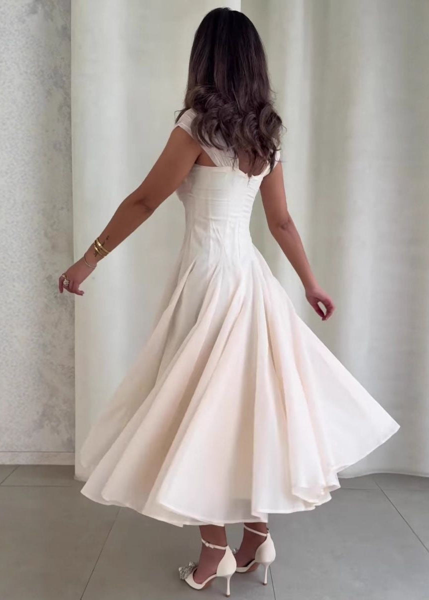 Rosaline Corset Midi Dress – Structured Waist Flowy A-Line Evening Dress