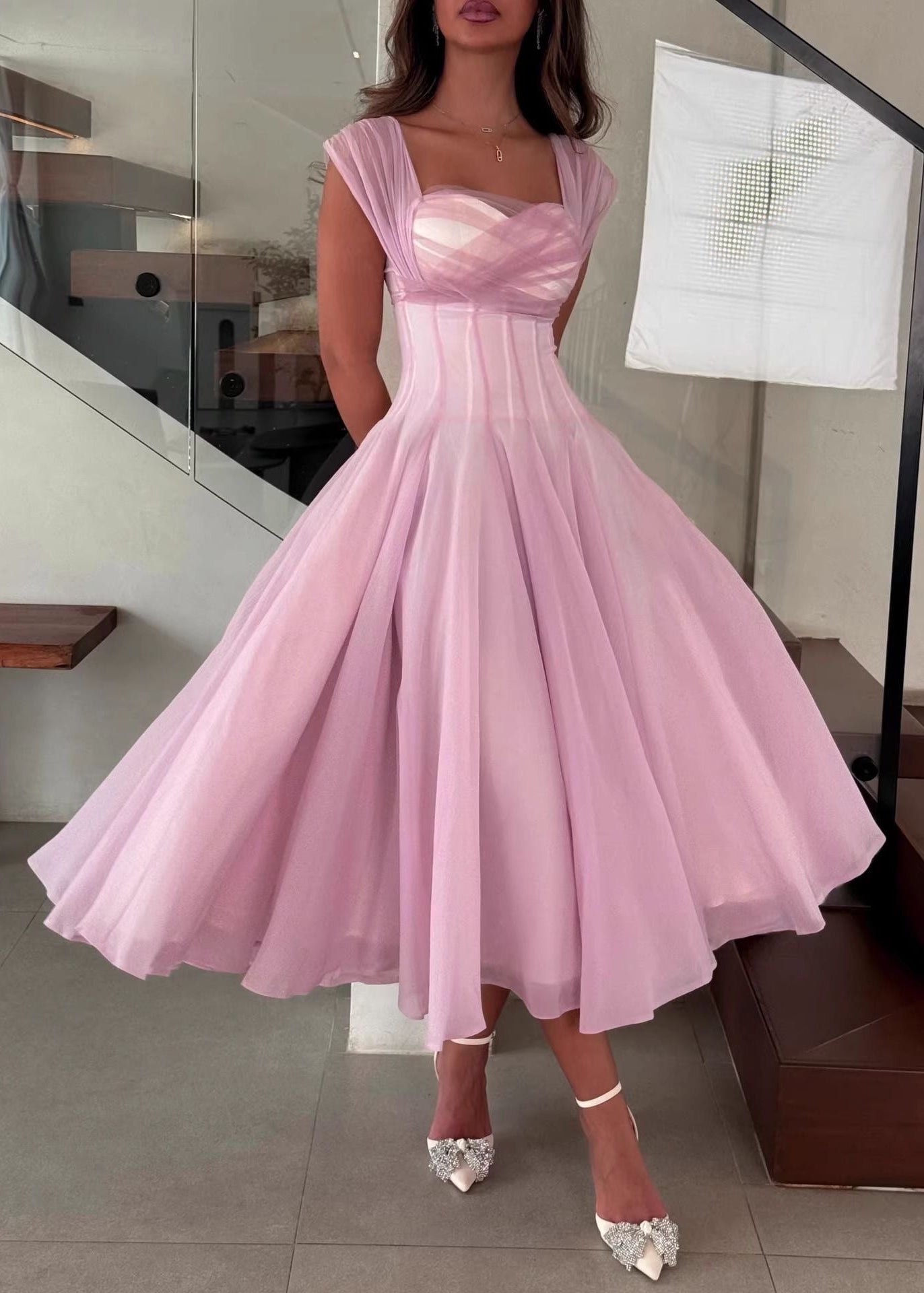 Rosaline Corset Midi Dress – Structured Waist Flowy A-Line Evening Dress