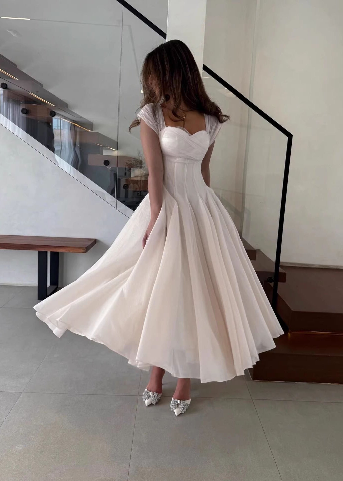 Rosaline Corset Midi Dress – Structured Waist Flowy A-Line Evening Dress