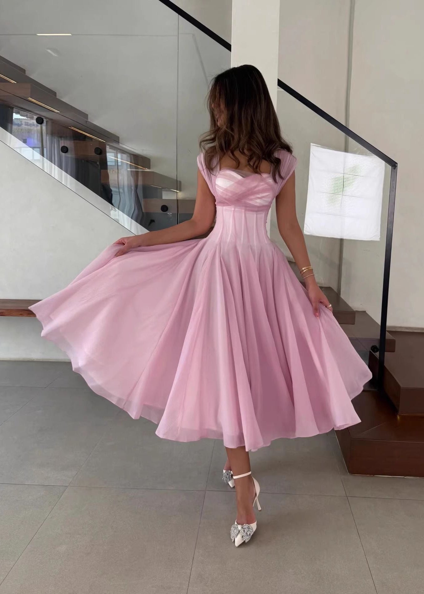 Rosaline Corset Midi Dress – Structured Waist Flowy A-Line Evening Dress