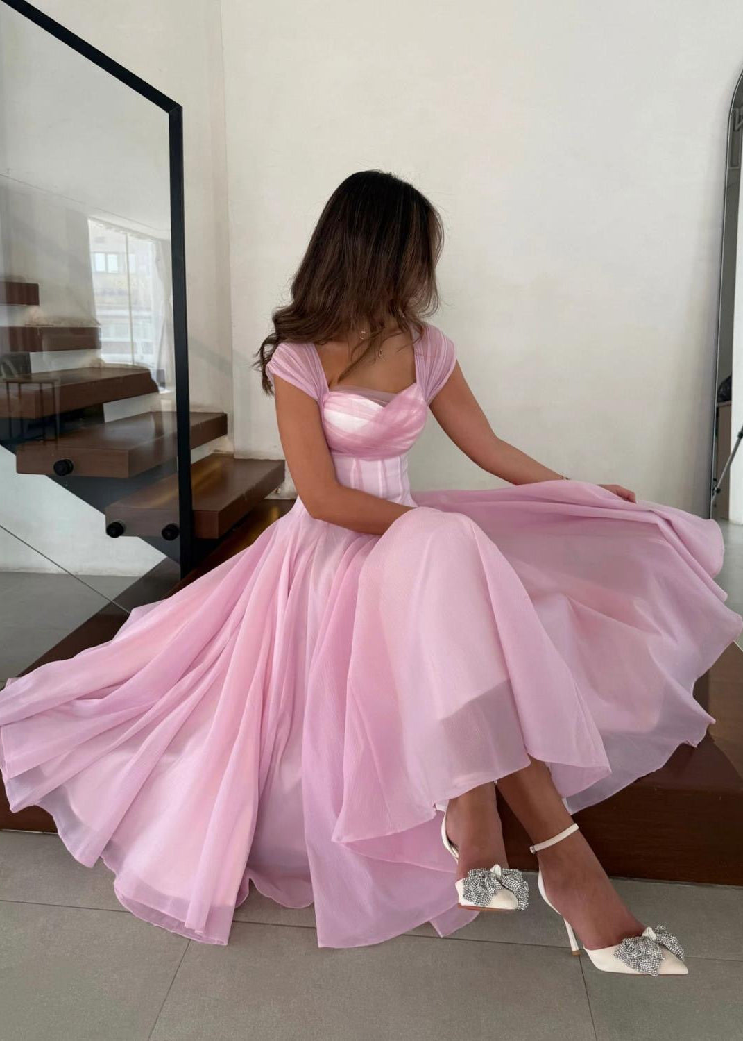 Rosaline Corset Midi Dress – Structured Waist Flowy A-Line Evening Dress