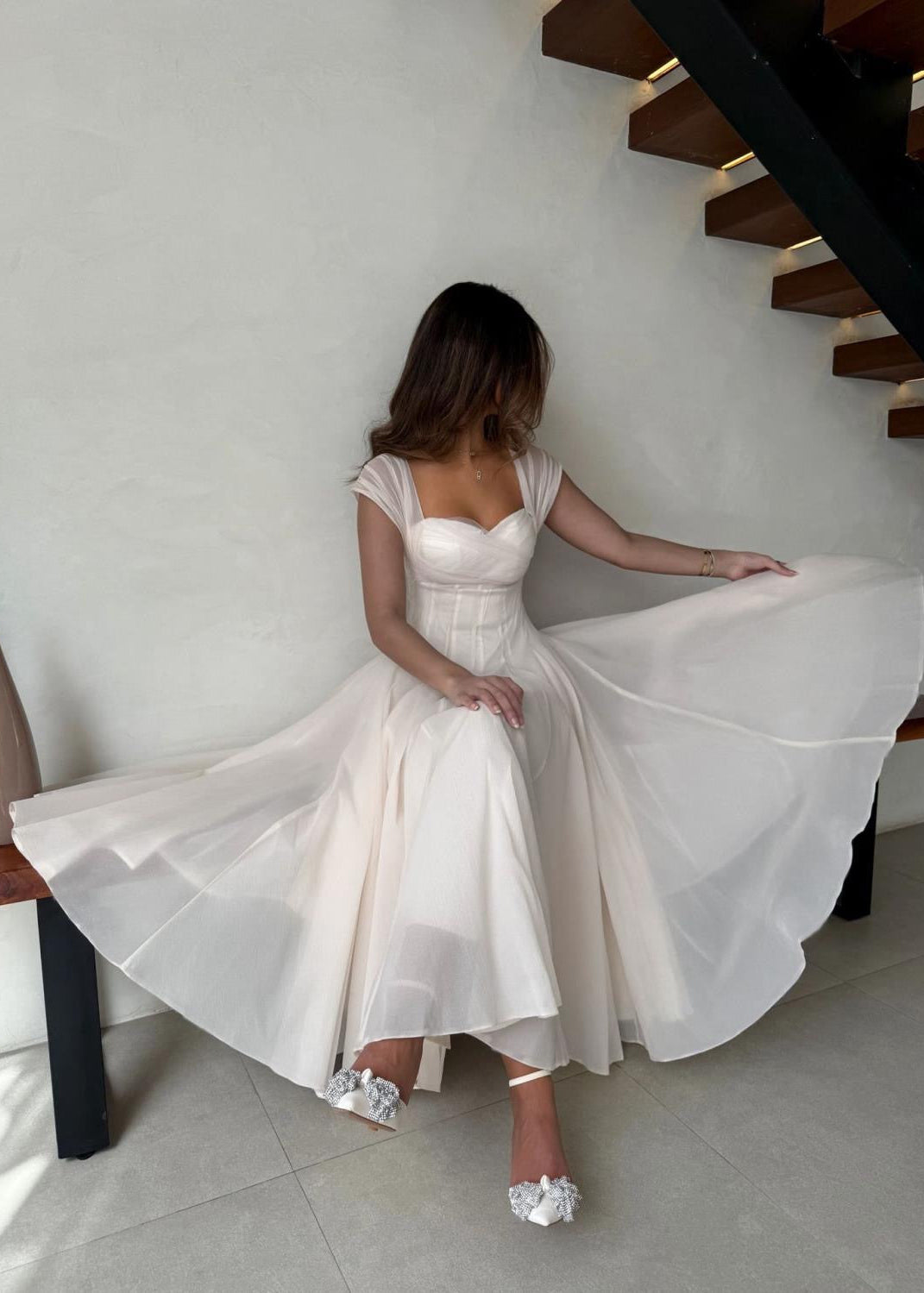 Rosaline Corset Midi Dress – Structured Waist Flowy A-Line Evening Dress