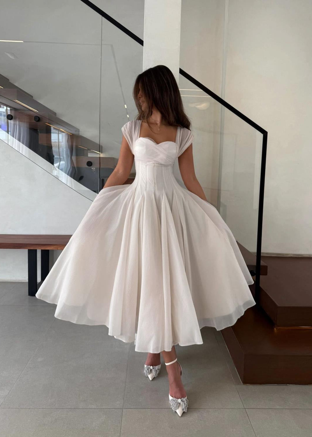 Rosaline Corset Midi Dress – Structured Waist Flowy A-Line Evening Dress