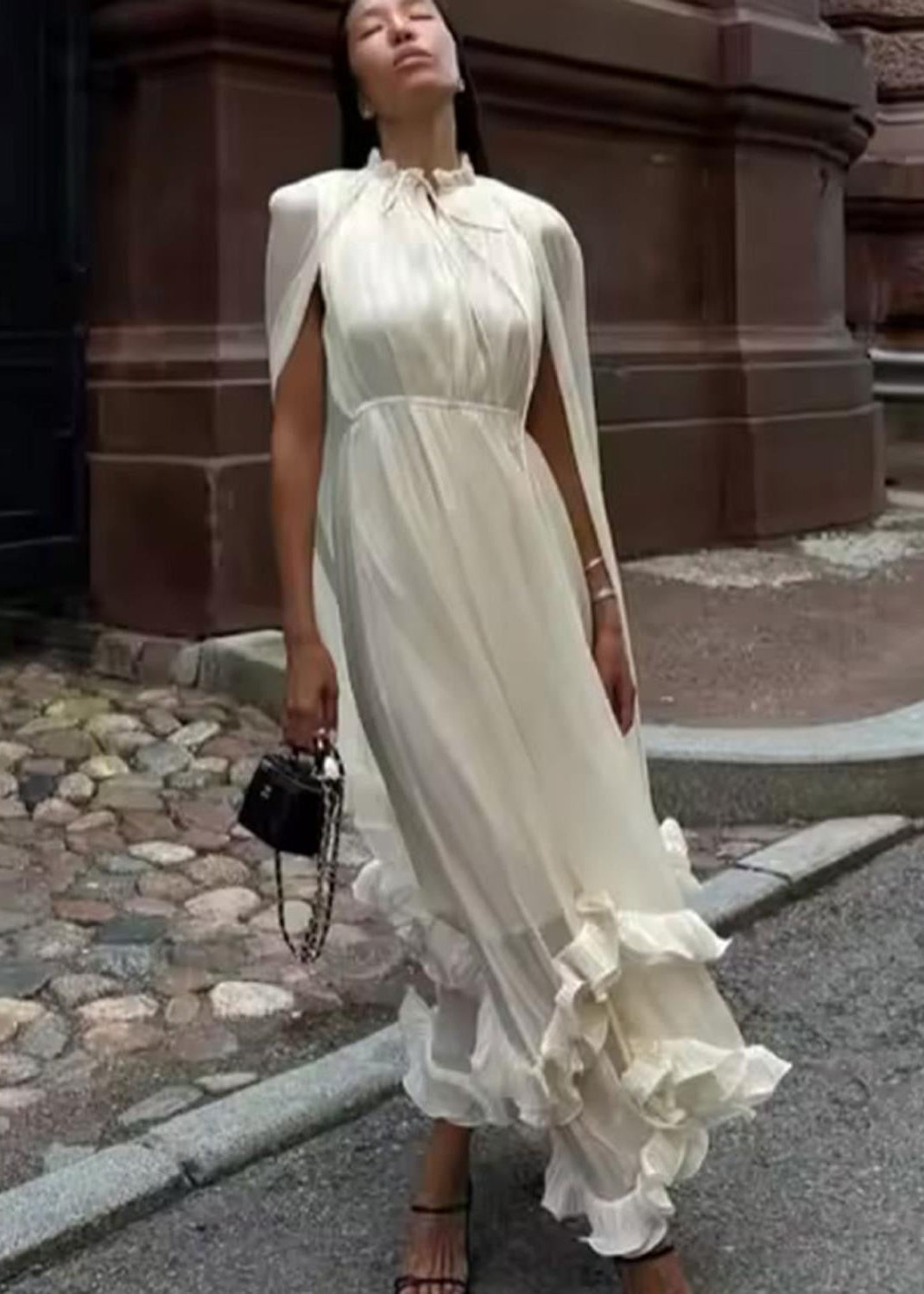 Celestine Ruffle Cape Maxi Dress – Sheer Layered Flowy Elegant Evening Dress