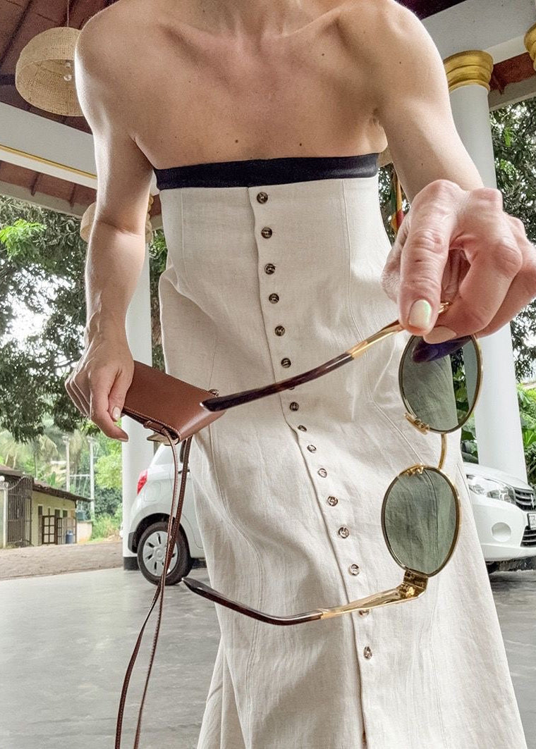 Monroe Strapless Linen Blend Maxi Dress – Button Front A-Line Summer Dress