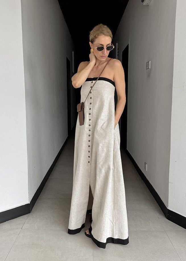 Monroe Strapless Linen Blend Maxi Dress – Button Front A-Line Summer Dress