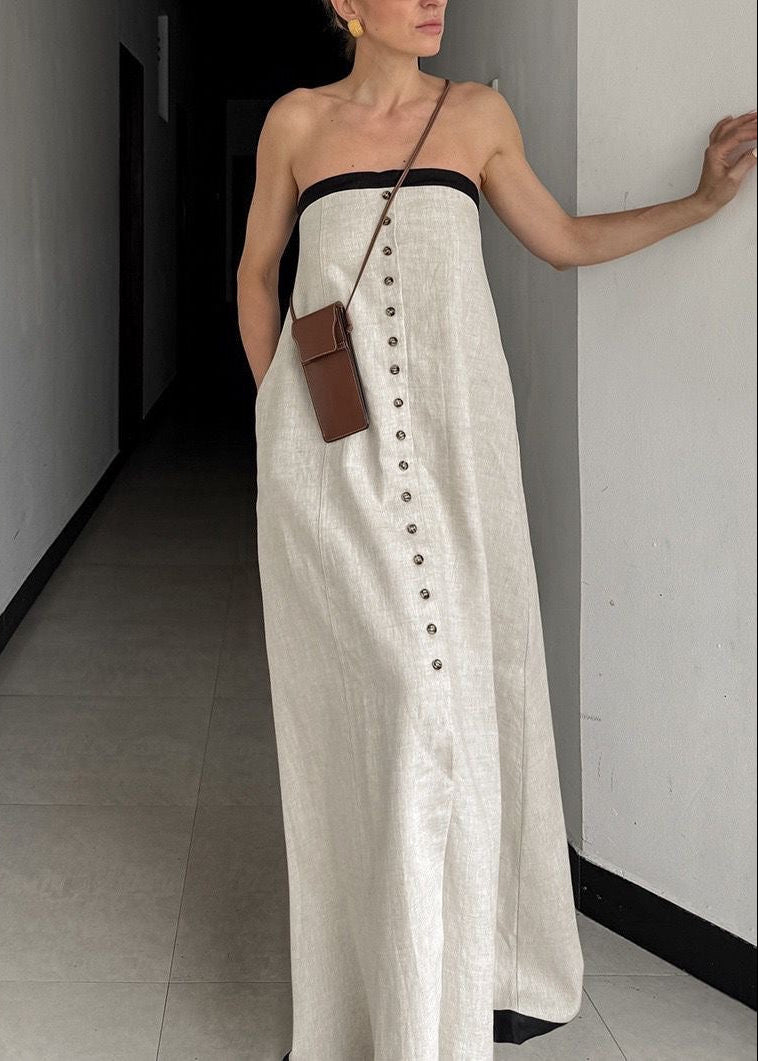 Monroe Strapless Linen Blend Maxi Dress – Button Front A-Line Summer Dress
